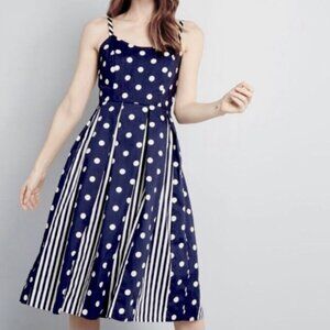 ModCloth | Celebrated Style Fit & Flare Polka Dot Stripe Midi Sundress Navy | 14